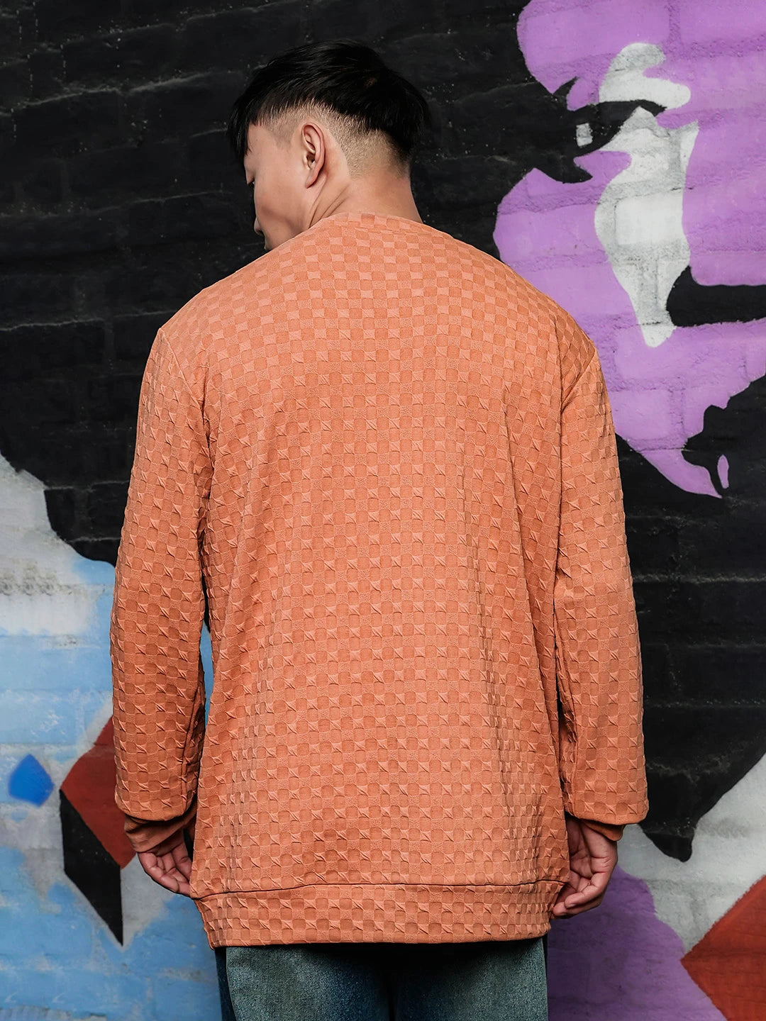 House Of Koala Brown Solid Textured Knitted Drop-Shoulder Relaxed Fit Pullover T-shirt