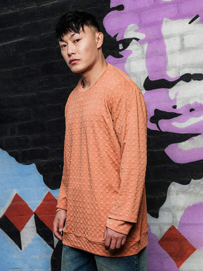 House Of Koala Brown Solid Textured Knitted Drop-Shoulder Relaxed Fit Pullover T-shirt