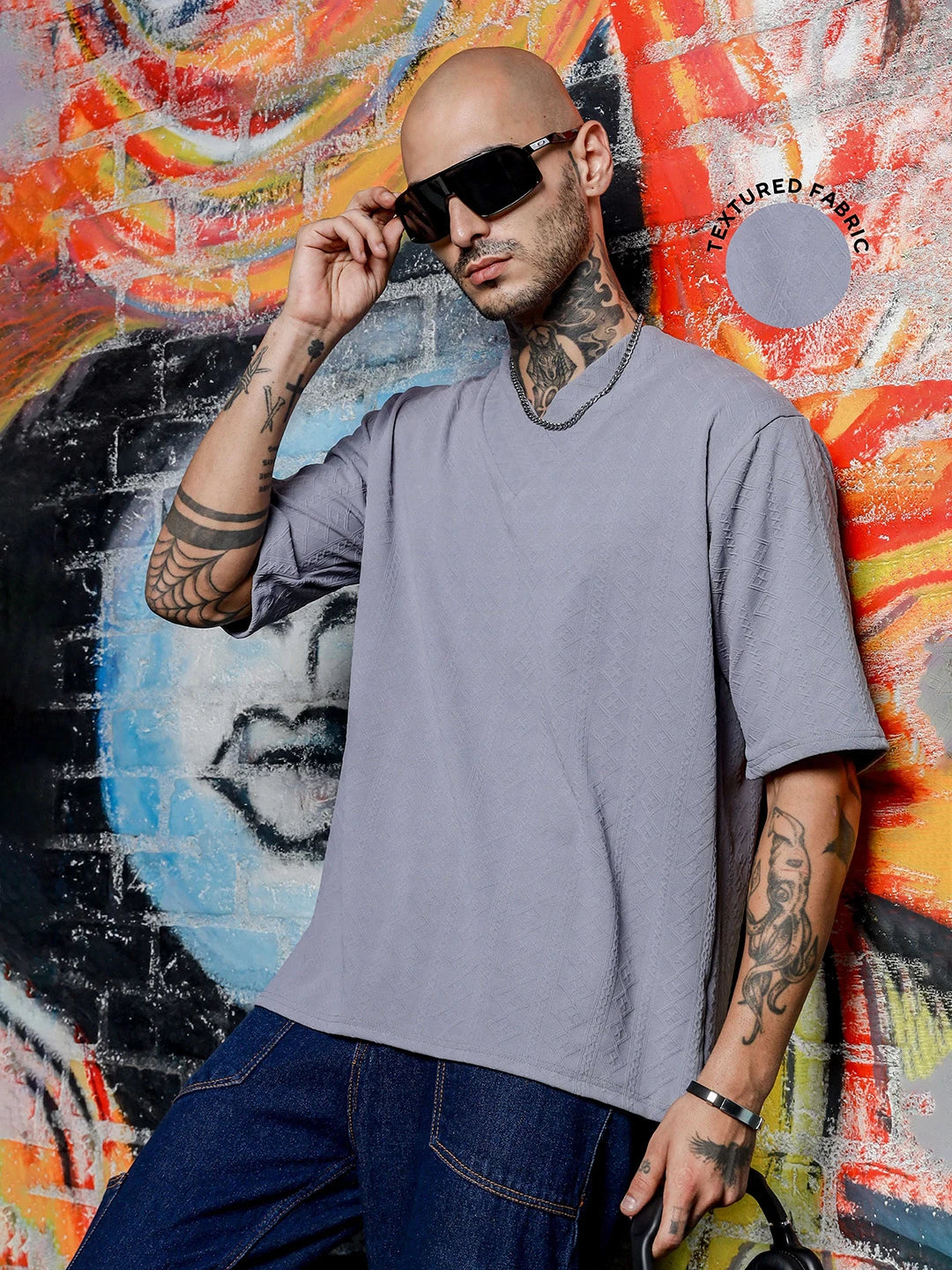 House Of Koala Grey Textured V-Neck Oversized T-Shirt