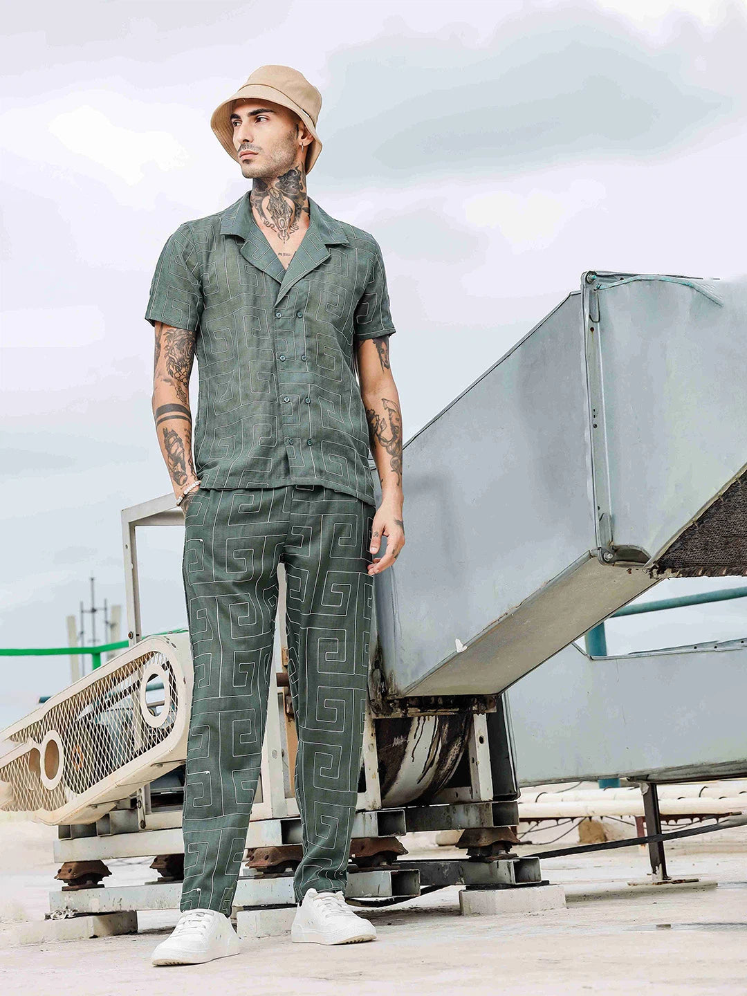 House Of Koala Olive Linen Blend Embroidered Relaxed Fit All Day Pants
