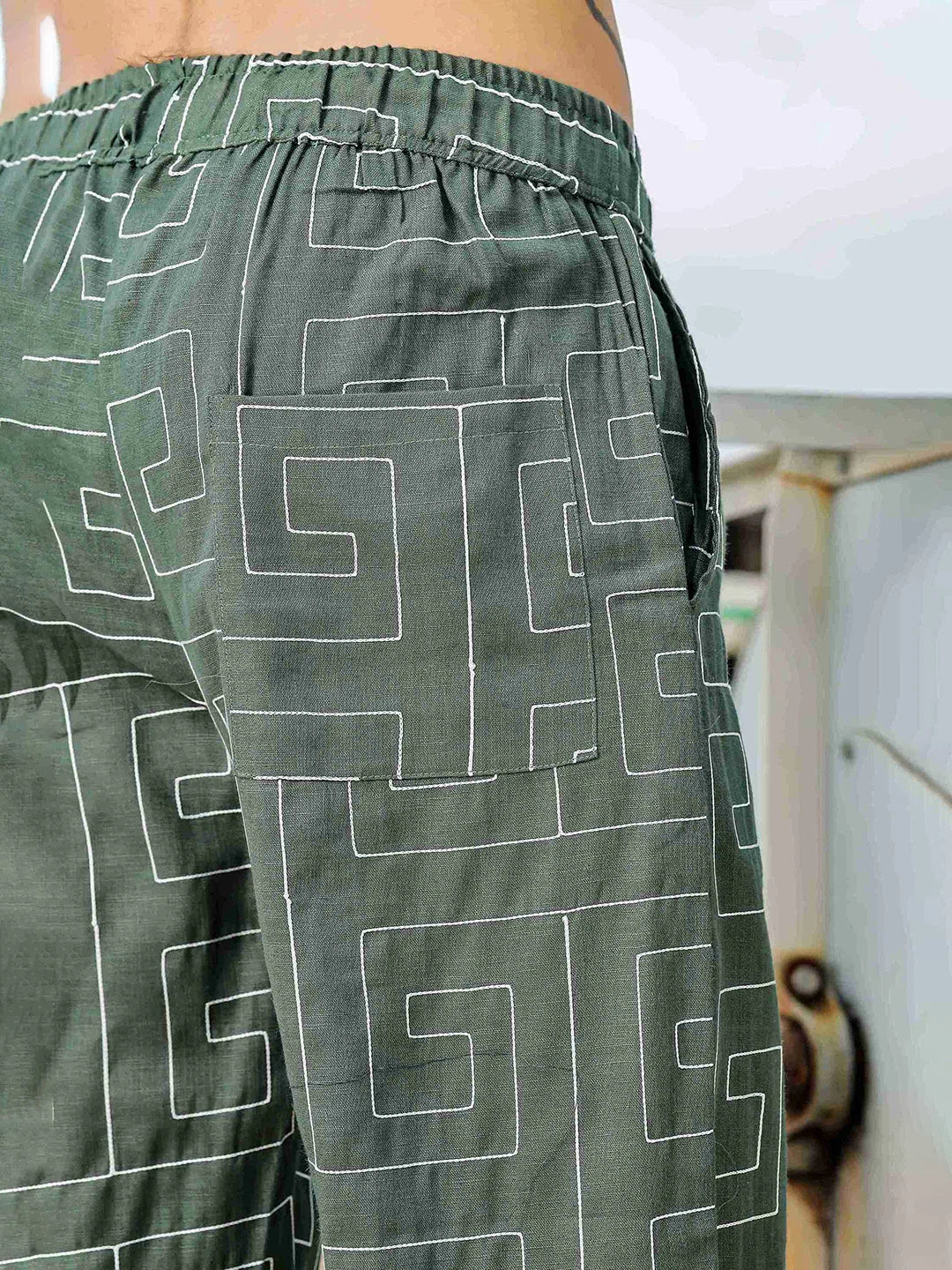 House Of Koala Olive Linen Blend Embroidered Relaxed Fit All Day Pants