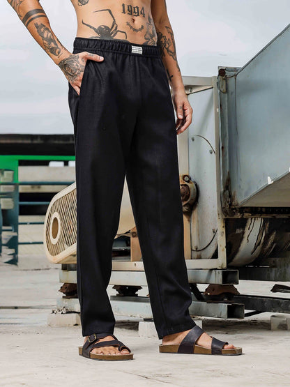 House Of Koala Black Linen Blend Regular Fit All Day Pants