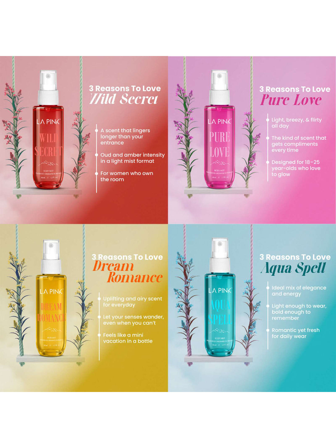 LA PINK Body Mist Gift Set Aqua Spell, Pure Love, Dream Romance & Wild Secret (4x50ml)
