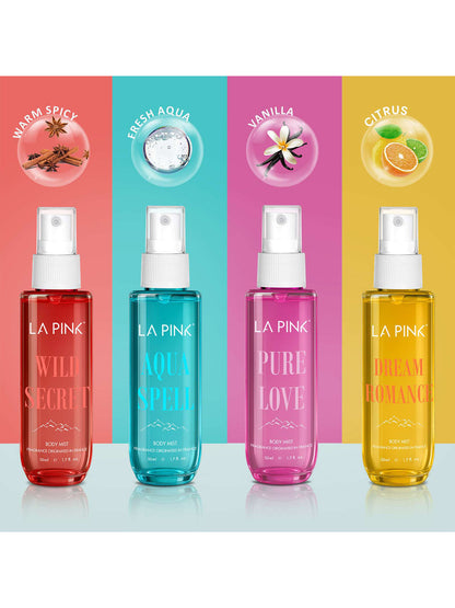 LA PINK Body Mist Gift Set Aqua Spell, Pure Love, Dream Romance & Wild Secret (4x50ml)