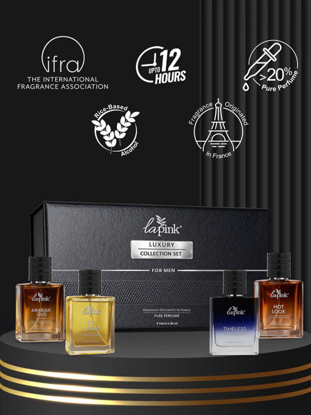 LA PINK Luxury Collection Gift Set for Men Hot Look, 24 Carat, Timeless, Arabian Oud (30ml x 4)