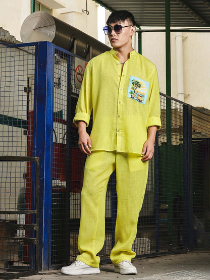House Of Koala Lime Green Solid Linen-Blend Relaxed Fit Trousers