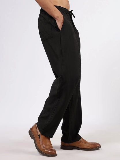 House Of Koala Black Solid Premium Viscose Mid-Rise All Day Relaxed Fit Pants