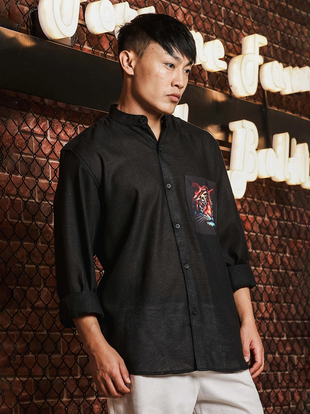 House Of Koala Black Linen Blend Mandarin Collar Relaxed Fit Shirt with Applique Pocket