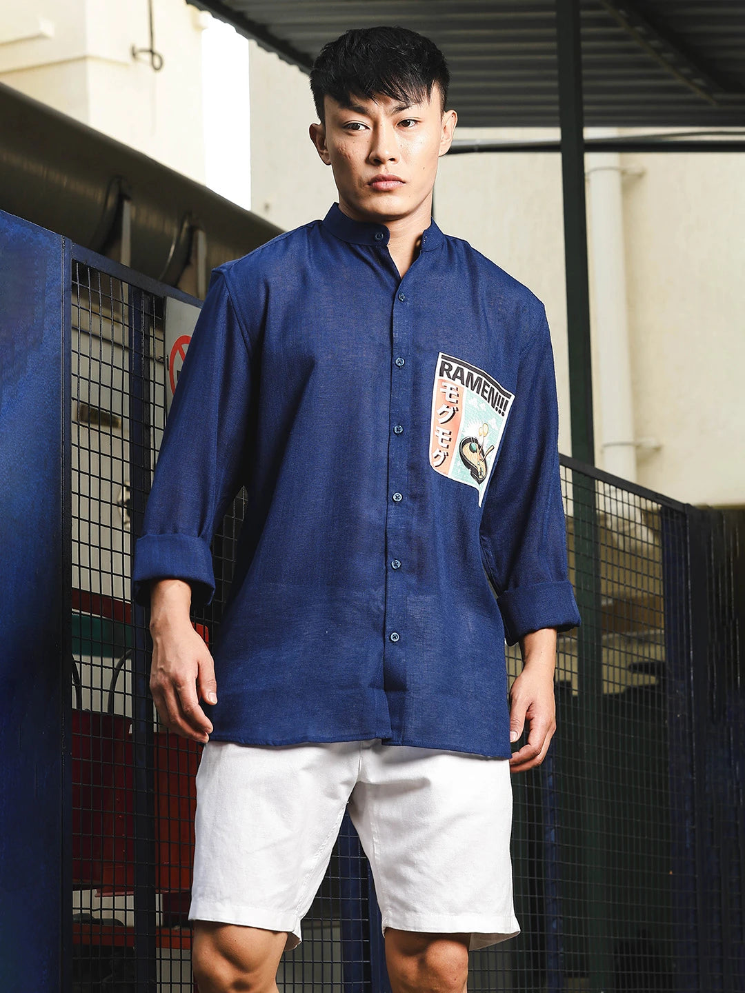 House Of Koala Linen Blend Blue Mandarin Collar Relaxed Fit Shirt with Applique Pocket