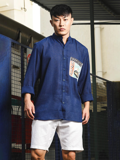 House Of Koala Linen Blend Blue Mandarin Collar Relaxed Fit Shirt with Applique Pocket