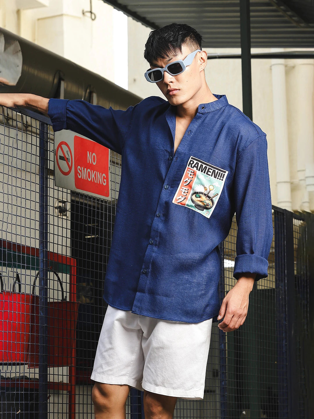House Of Koala Linen Blend Blue Mandarin Collar Relaxed Fit Shirt with Applique Pocket