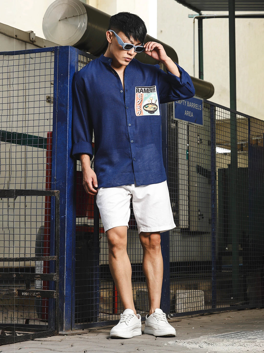 House Of Koala Linen Blend Blue Mandarin Collar Relaxed Fit Shirt with Applique Pocket