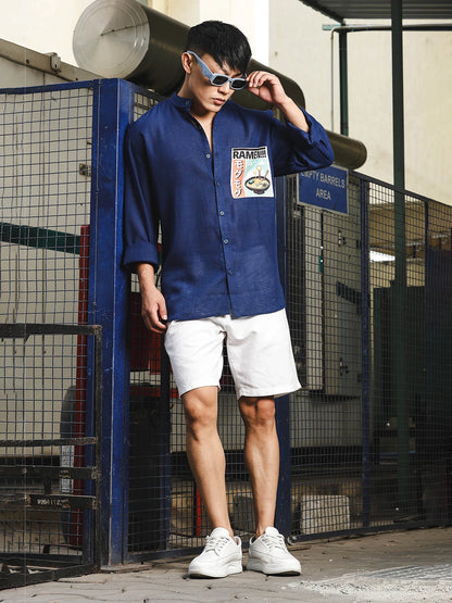 House Of Koala Linen Blend Blue Mandarin Collar Relaxed Fit Shirt with Applique Pocket