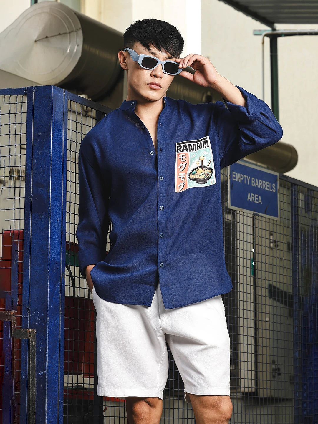 House Of Koala Linen Blend Blue Mandarin Collar Relaxed Fit Shirt with Applique Pocket