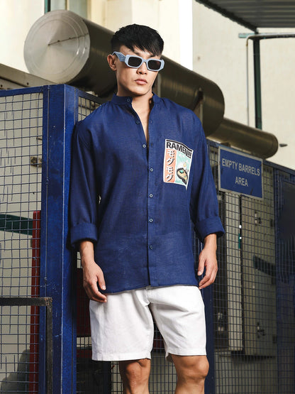 House Of Koala Linen Blend Blue Mandarin Collar Relaxed Fit Shirt with Applique Pocket