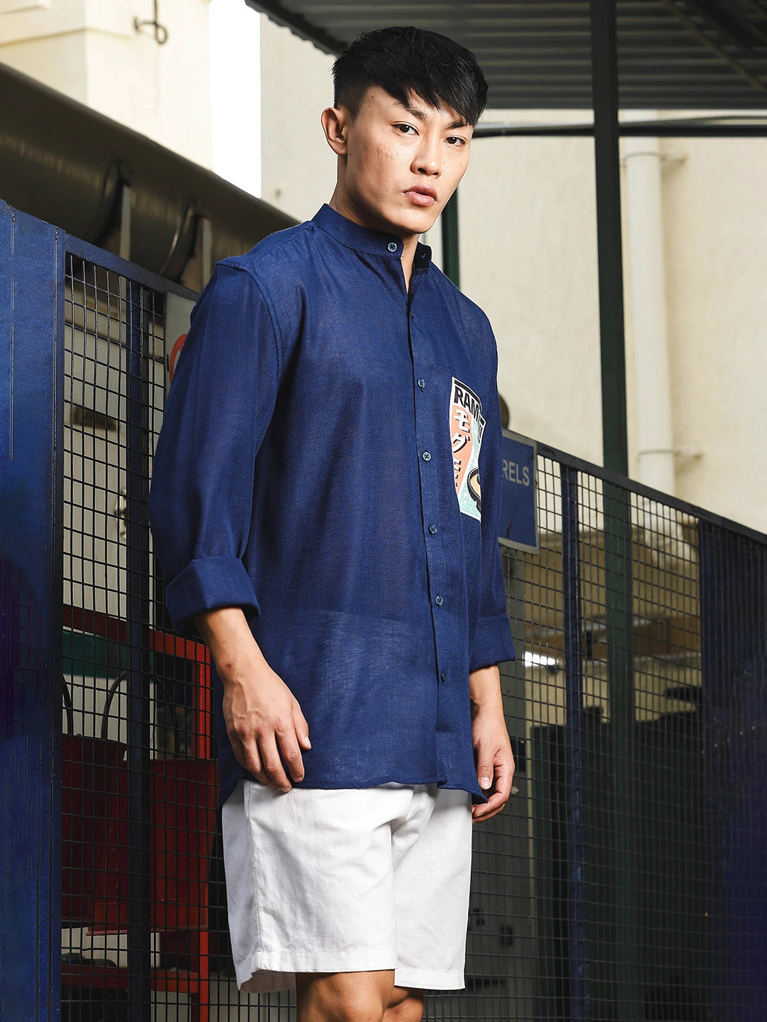 House Of Koala Linen Blend Blue Mandarin Collar Relaxed Fit Shirt with Applique Pocket