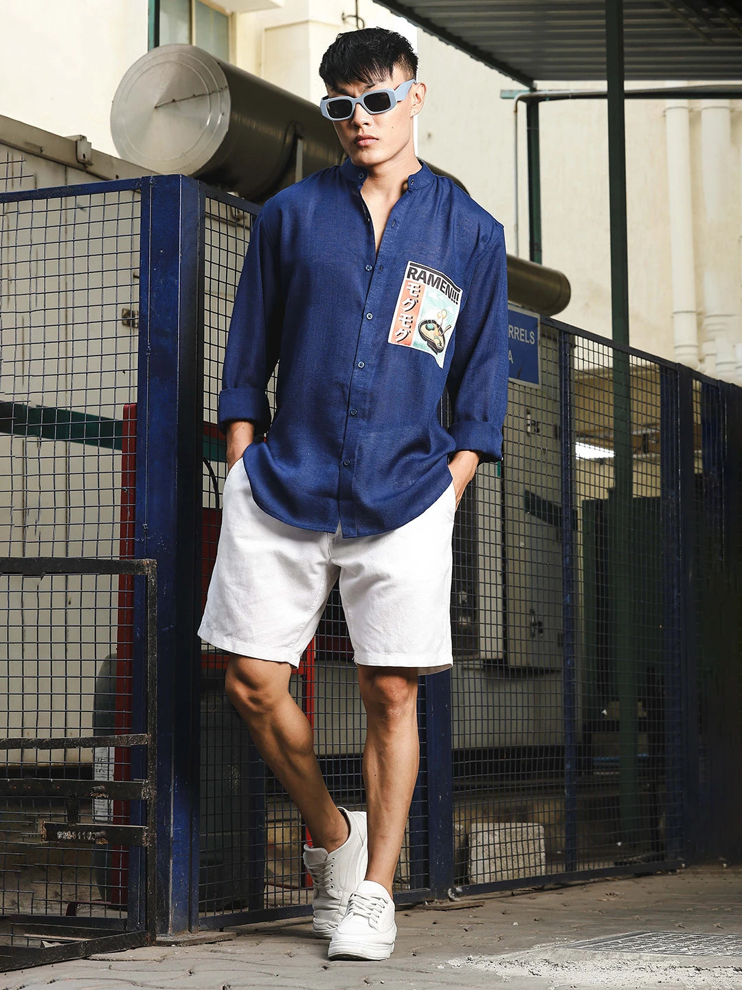 House Of Koala Linen Blend Blue Mandarin Collar Relaxed Fit Shirt with Applique Pocket