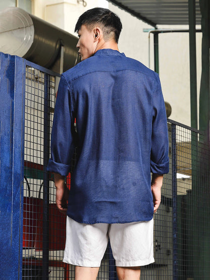 House Of Koala Linen Blend Blue Mandarin Collar Relaxed Fit Shirt with Applique Pocket