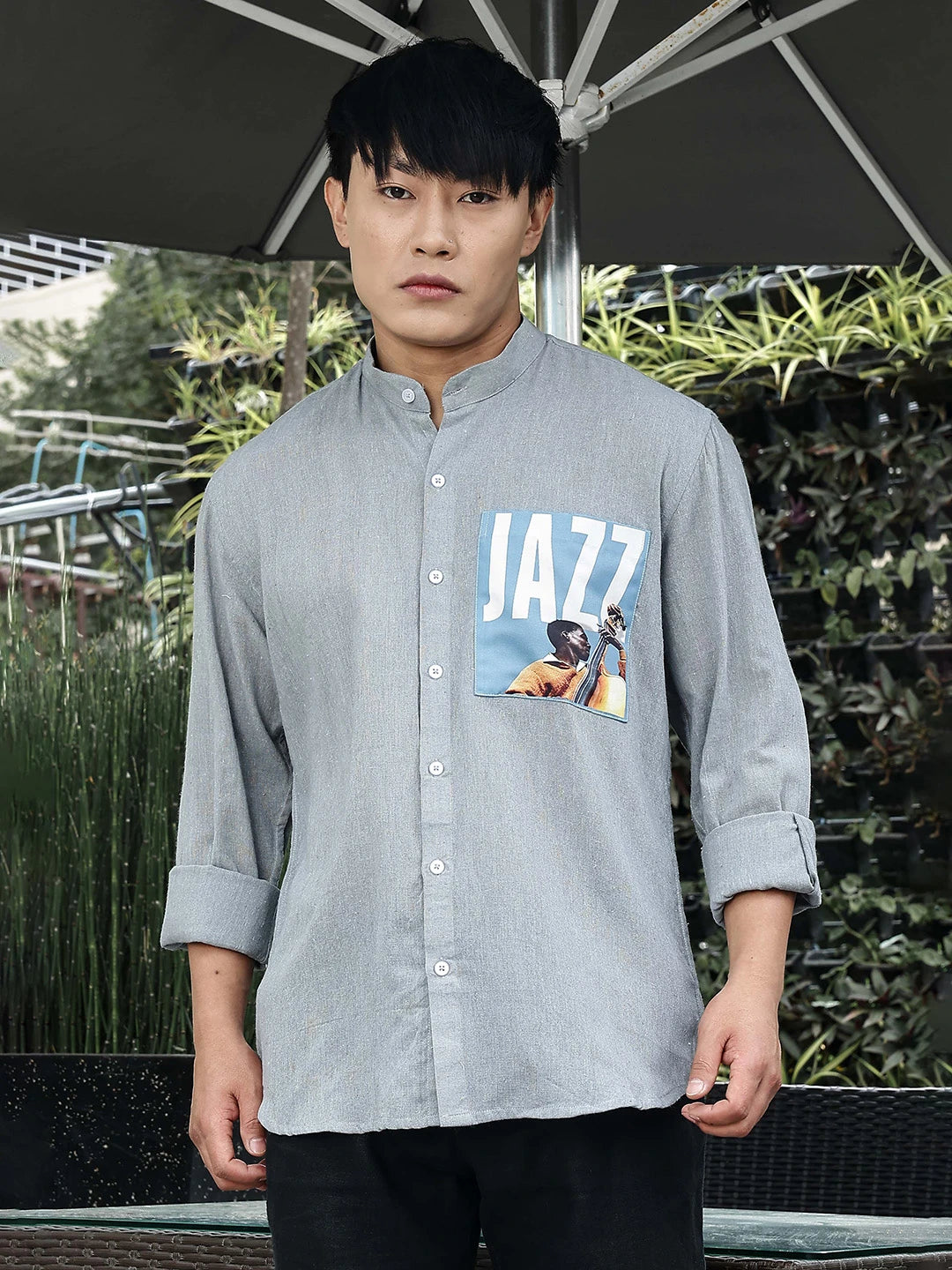 House Of Koala Blue Linen Blend Mandarin Collar Relaxed Fit Shirt