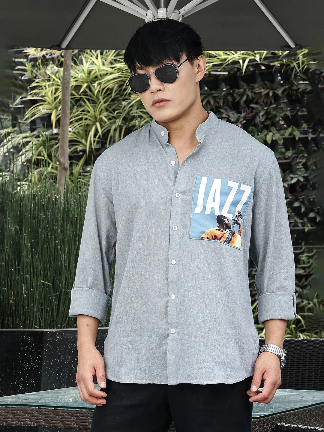 House Of Koala Blue Linen Blend Mandarin Collar Relaxed Fit Shirt