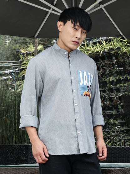 House Of Koala Blue Linen Blend Mandarin Collar Relaxed Fit Shirt