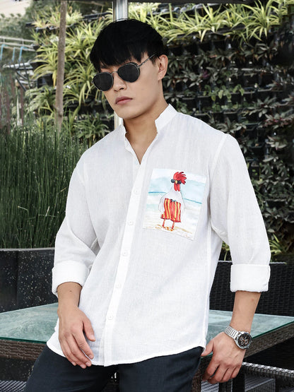 House Of Koala Khadi Blend White Mandarin Collar Relaxed Fit Shirt