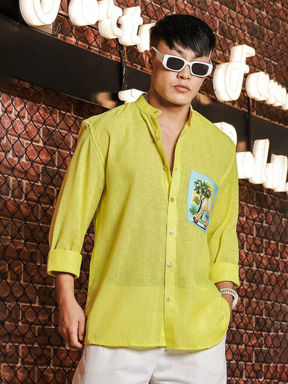 House Of Koala Linen Blend Lime Green Mandarin Collar Relaxed Fit Shirt