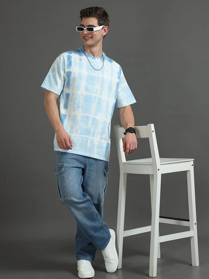 Silisoul Blue Oversized Fit Abstract Print Pure Cotton T-Shirt