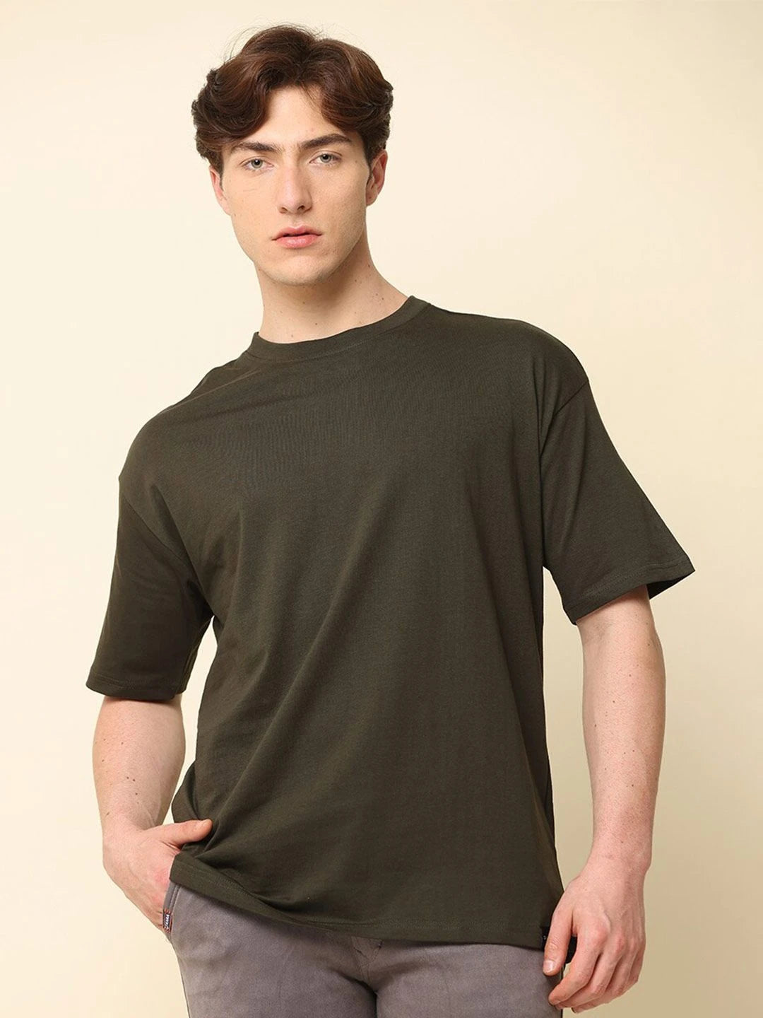 Silisoul Olive Oversized Fit Cotton Short Sleeves T-Shirt