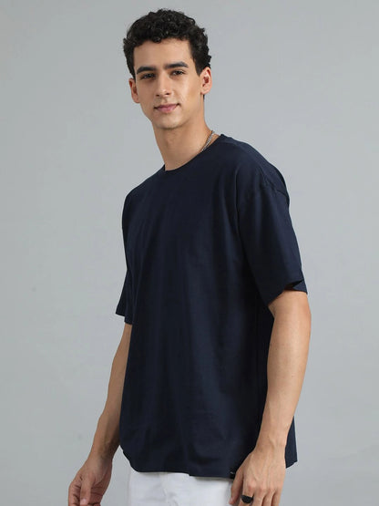 Silisoul Navy Blue Oversized Fit Pure Cotton Short Sleeves T-Shirt