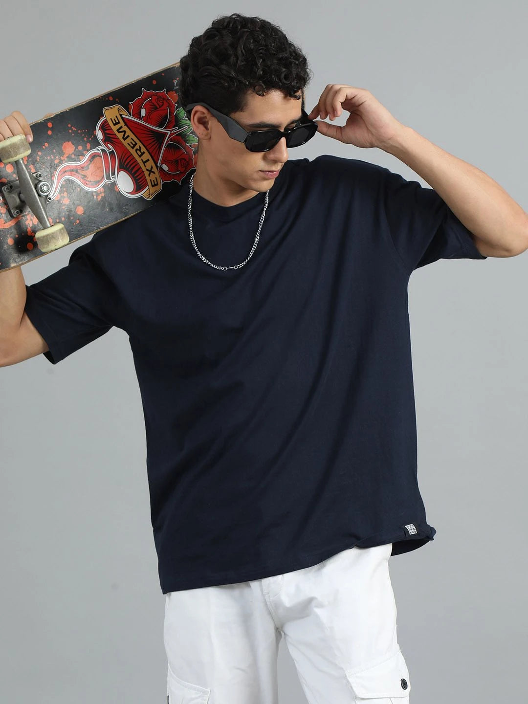 Silisoul Navy Blue Oversized Fit Pure Cotton Short Sleeves T-Shirt