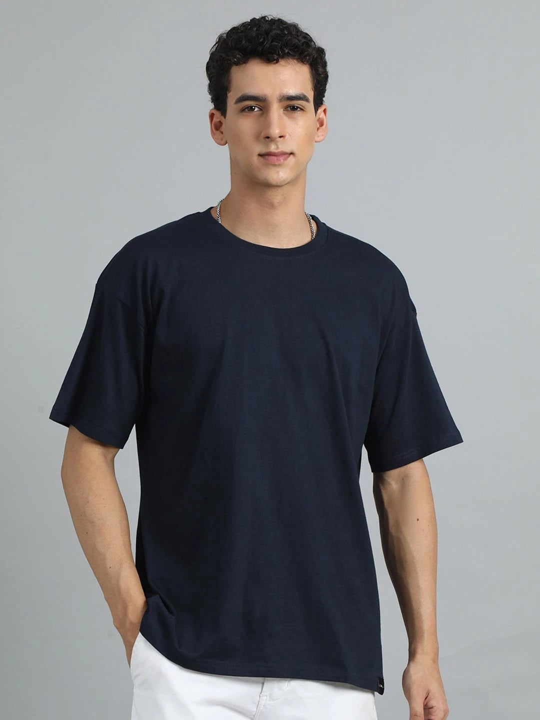 Silisoul Navy Blue Oversized Fit Pure Cotton Short Sleeves T-Shirt