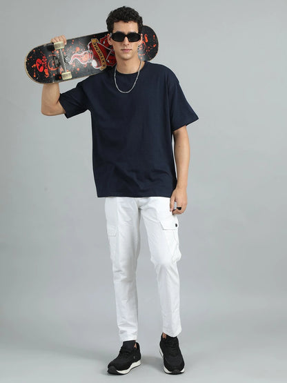 Silisoul Navy Blue Oversized Fit Pure Cotton Short Sleeves T-Shirt