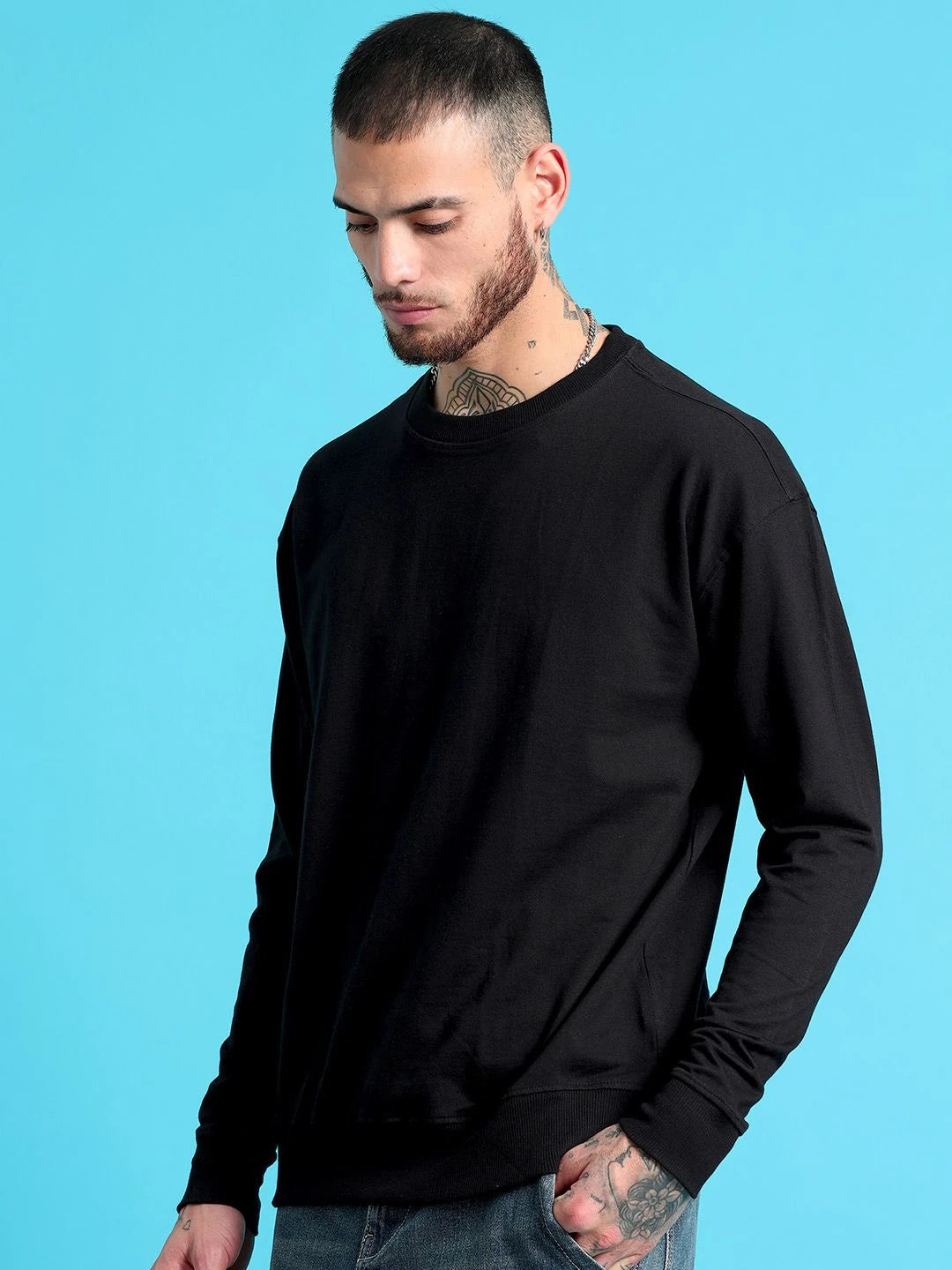 Silisoul Black Cotton Long Sleeves Round Neck Sweatshirt