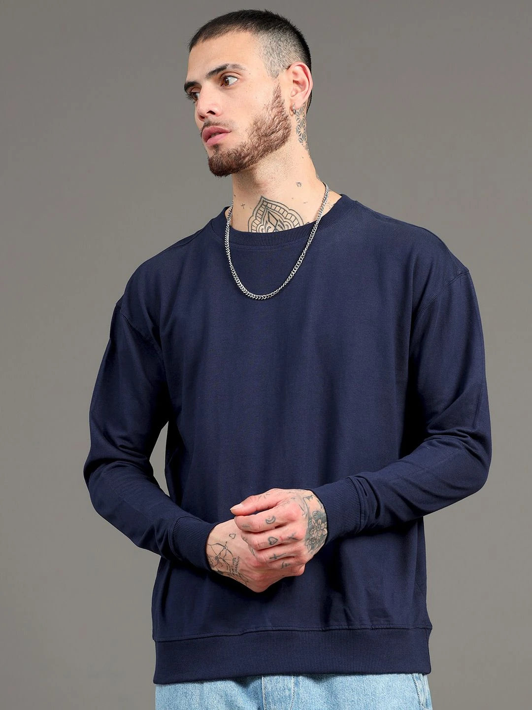 Silisoul Navy Blue Cotton Long Sleeves Round Neck Sweatshirt