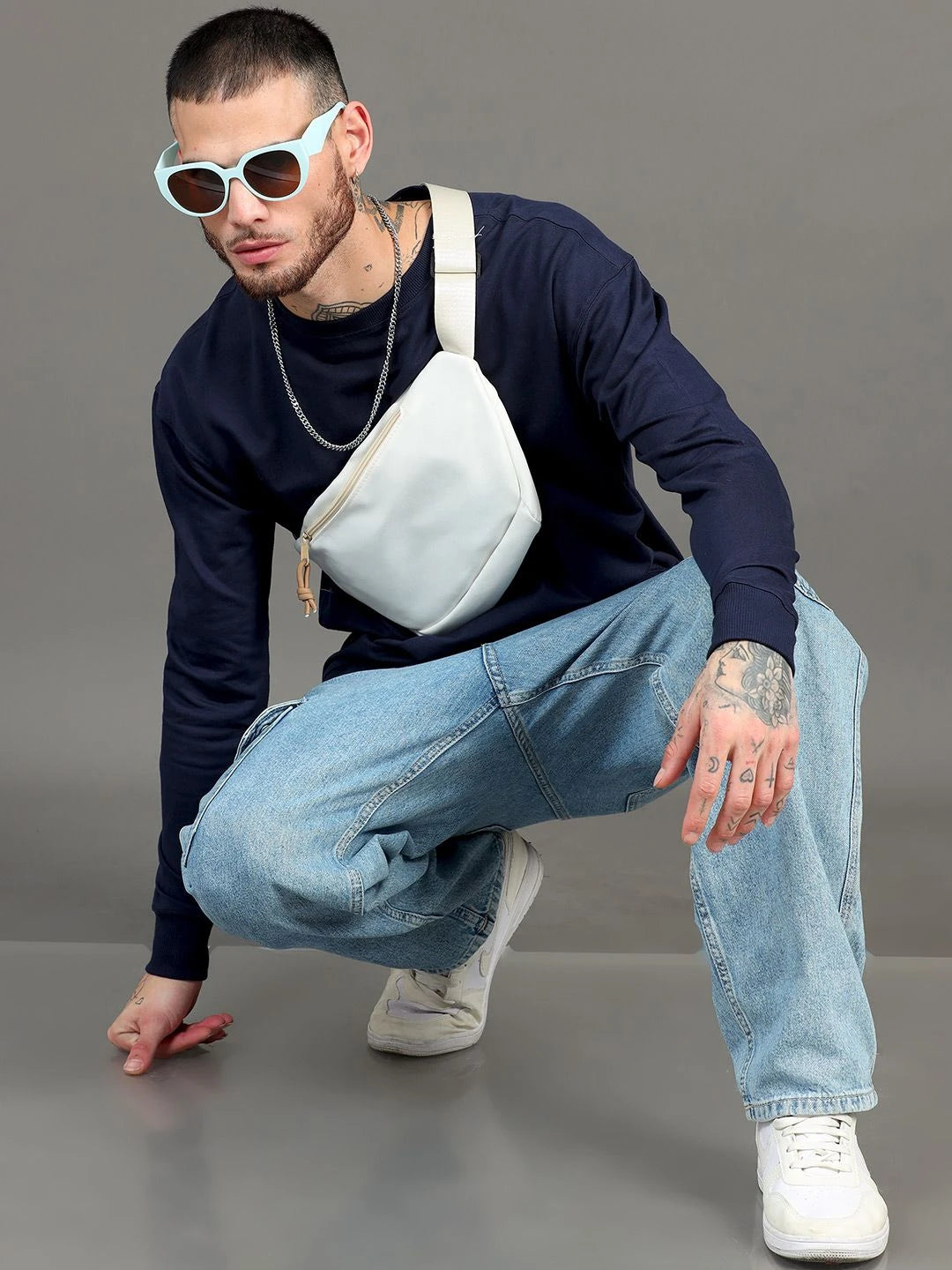 Silisoul Navy Blue Cotton Long Sleeves Round Neck Sweatshirt