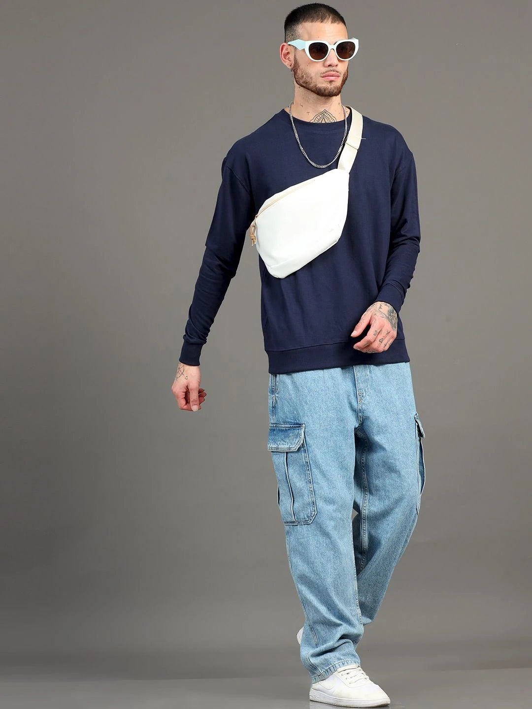 Silisoul Navy Blue Cotton Long Sleeves Round Neck Sweatshirt