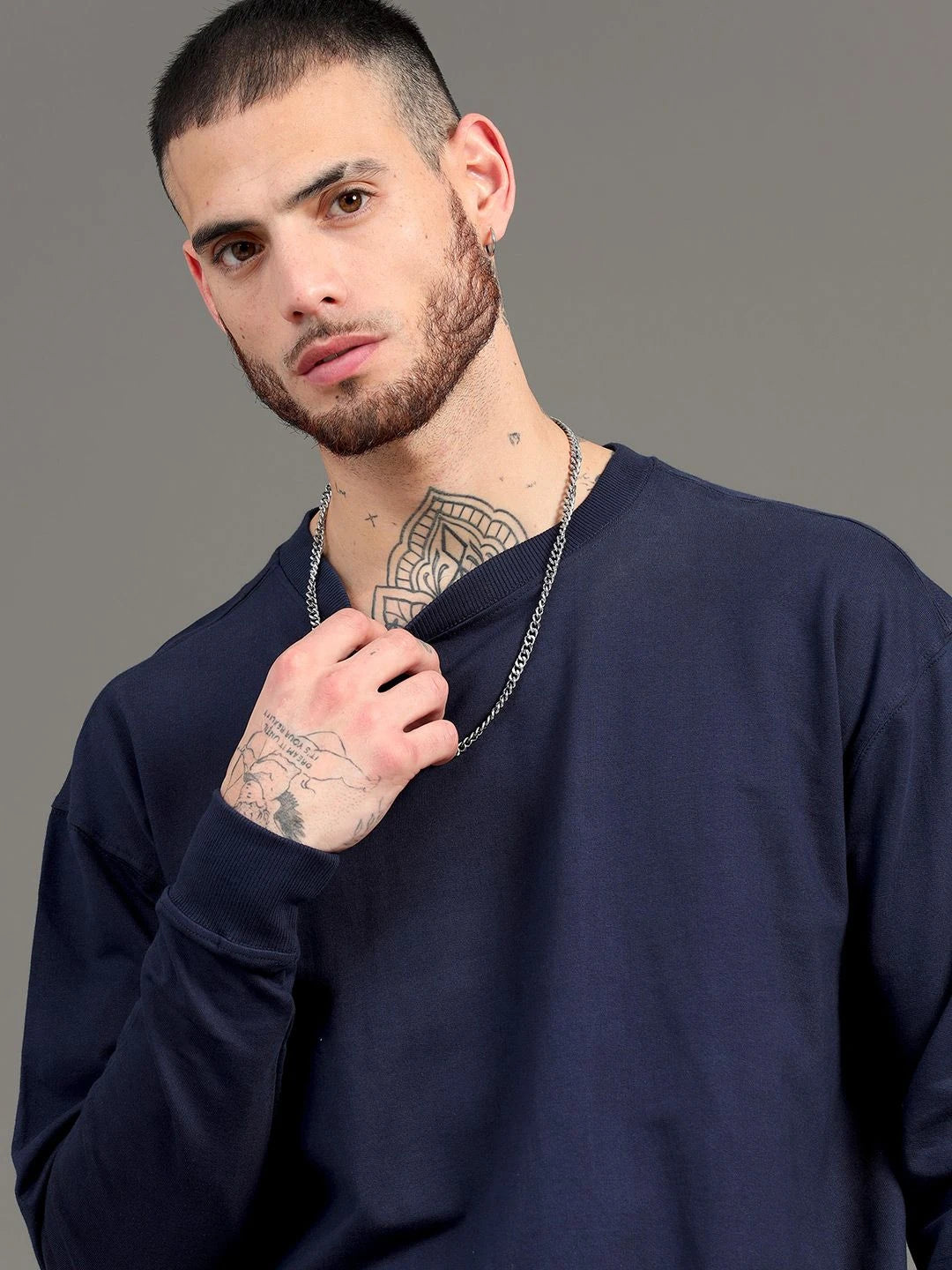 Silisoul Navy Blue Cotton Long Sleeves Round Neck Sweatshirt