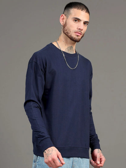 Silisoul Navy Blue Cotton Long Sleeves Round Neck Sweatshirt