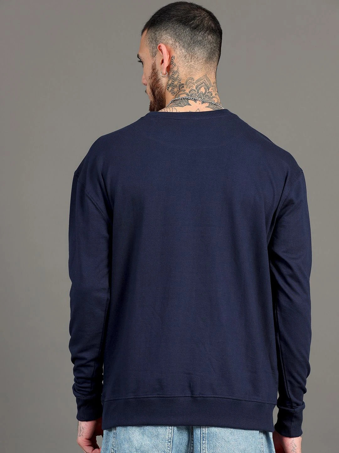 Silisoul Navy Blue Cotton Long Sleeves Round Neck Sweatshirt