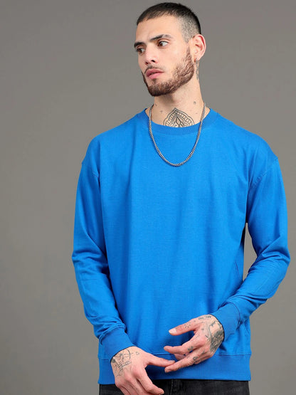 Silisoul Blue Cotton Long Sleeves Round Neck Sweatshirt