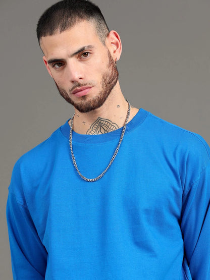 Silisoul Blue Cotton Long Sleeves Round Neck Sweatshirt