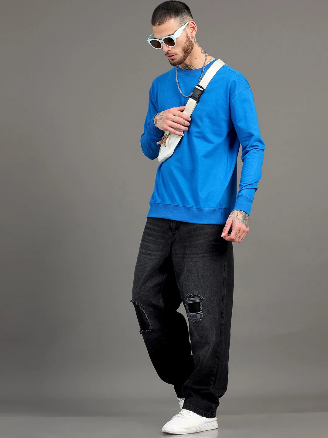 Silisoul Blue Cotton Long Sleeves Round Neck Sweatshirt