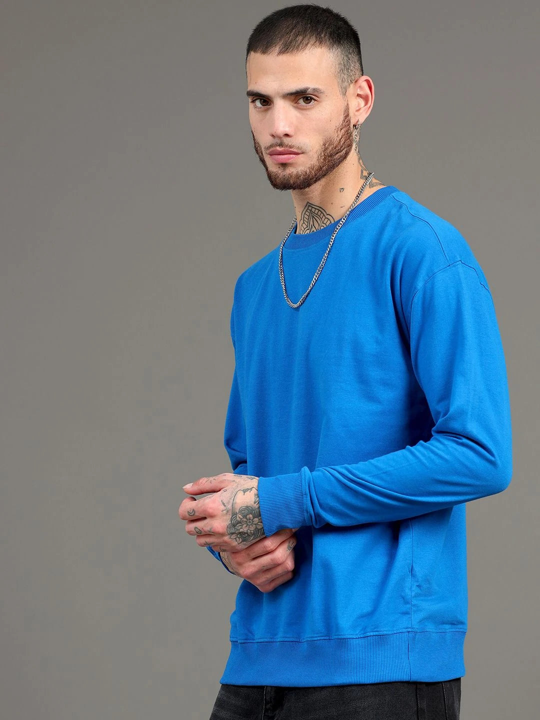 Silisoul Blue Cotton Long Sleeves Round Neck Sweatshirt