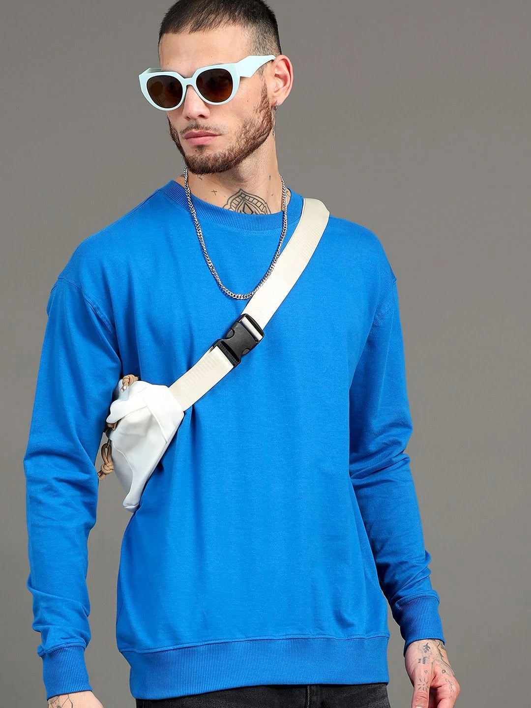 Silisoul Blue Cotton Long Sleeves Round Neck Sweatshirt