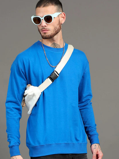 Silisoul Blue Cotton Long Sleeves Round Neck Sweatshirt