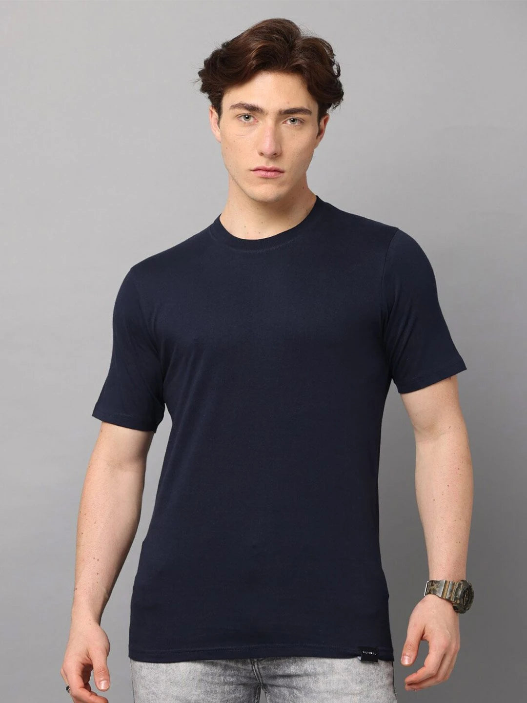 Silisoul Navy Blue Regular Fit Cotton Short Sleeves T-Shirt