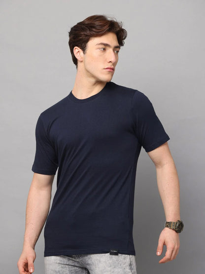 Silisoul Navy Blue Regular Fit Cotton Short Sleeves T-Shirt
