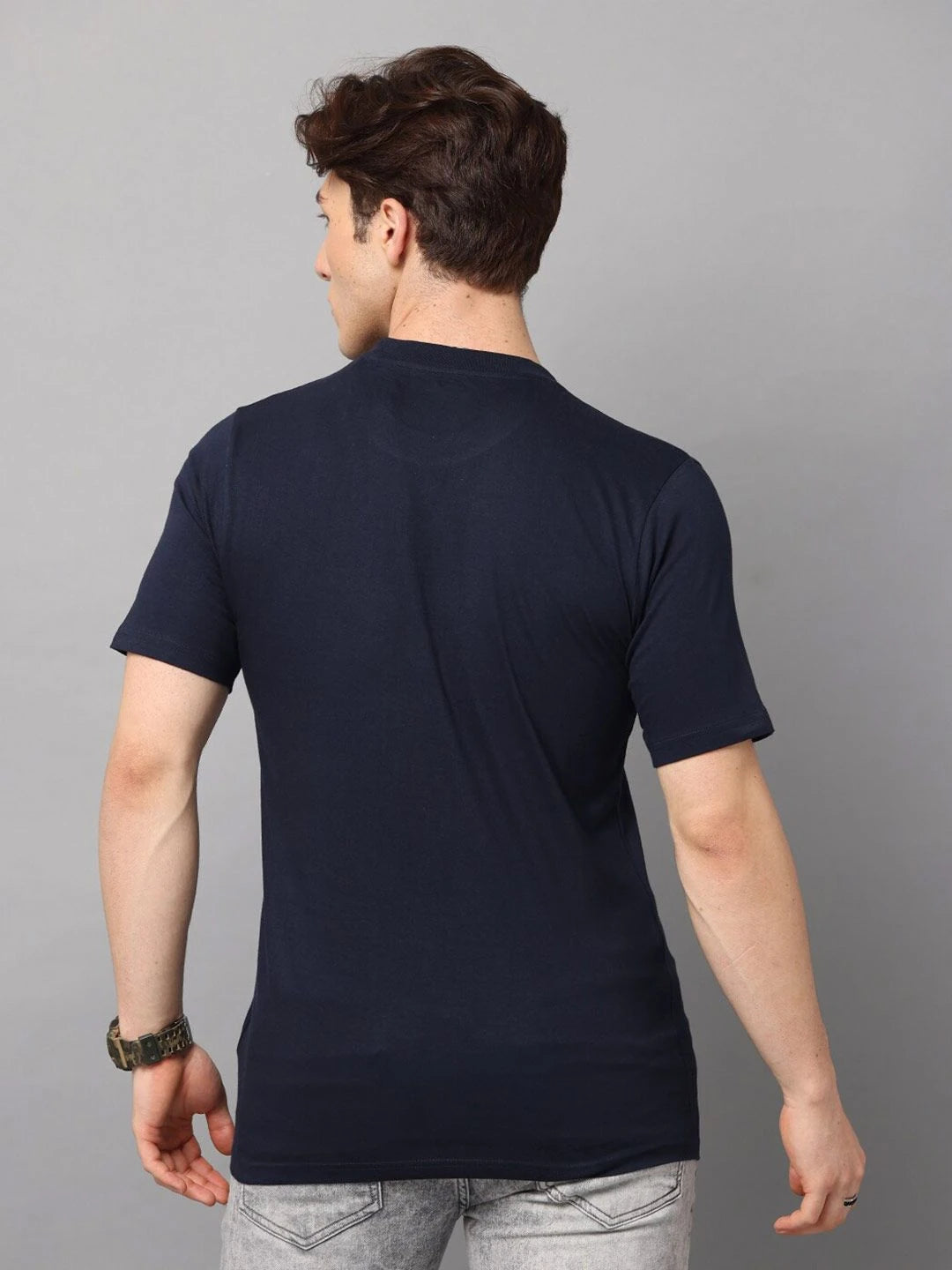 Silisoul Navy Blue Regular Fit Cotton Short Sleeves T-Shirt