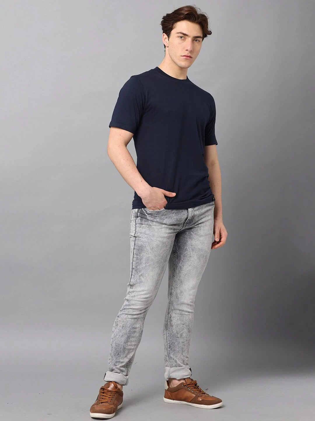 Silisoul Navy Blue Regular Fit Cotton Short Sleeves T-Shirt